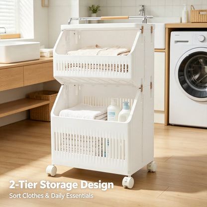 2-Tier Rolling Laundry Basket, Collapsible Clothes Hamper with 4 Wheels, 2 Brakes, PP Body and Narrow Design - product view 3