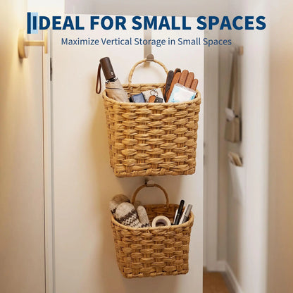 Handwoven Water Hyacinth Hanging Baskets Set of 2, Woven Wall Storage and Decorative Entryway Flower Baskets - product view 5