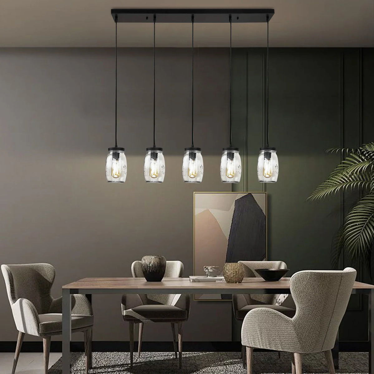 5-Head Glass Pendant Light, Dimmable DC 110V E12 Ceiling Fixture for Kitchen Island, Dining Room and Entryway - product view 4