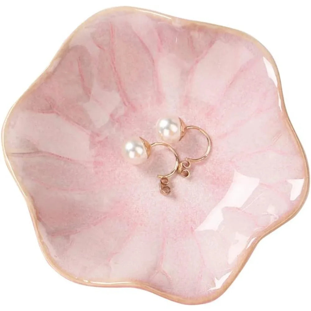 Pink Ceramic Trinket Tray, Lotus Leaf Jewelry Dish with Glazed Finish, 4.3-Inch Vanity Holder for Rings, Keys and Accessories - product view 3
