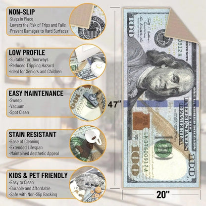 100 Dollar Bill Runner Rug, 20 x 47 Inch Geometric Jacquard Polyester Hallway Mat with EVA Backing for Home - product view 3