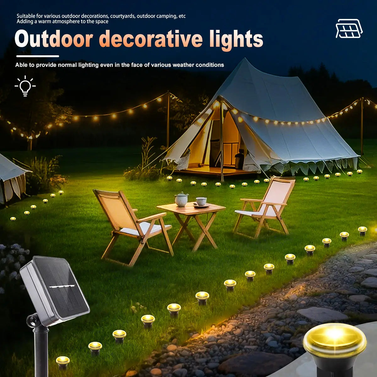 Solar LED Pathway Lights, 15 or 30 LEDs, 8 Modes, Light Sensor, IP65 Waterproof PVC Garden Lamps in White or Warm White - product view 5