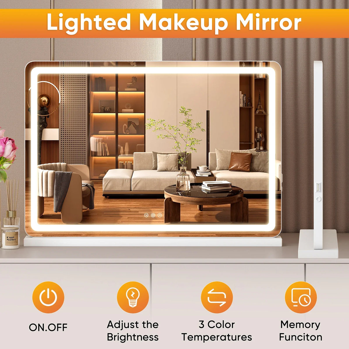 LED Vanity Mirror with Lights, Dimmable 3-Color Temperature Modes, Memory Function and USB Charging Port, 17–32 in - product view 6