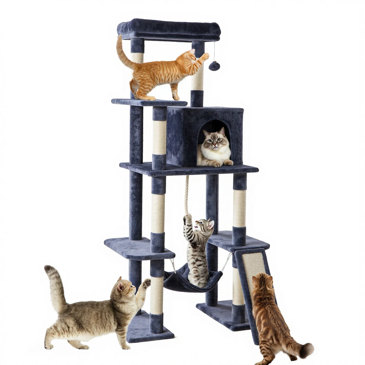 63-Inch Cat Scratching Post Tree, Multi-Level Climbing Tower with Sisal Posts, Condos, Ramp and Dangling Bell Toys - product view 1