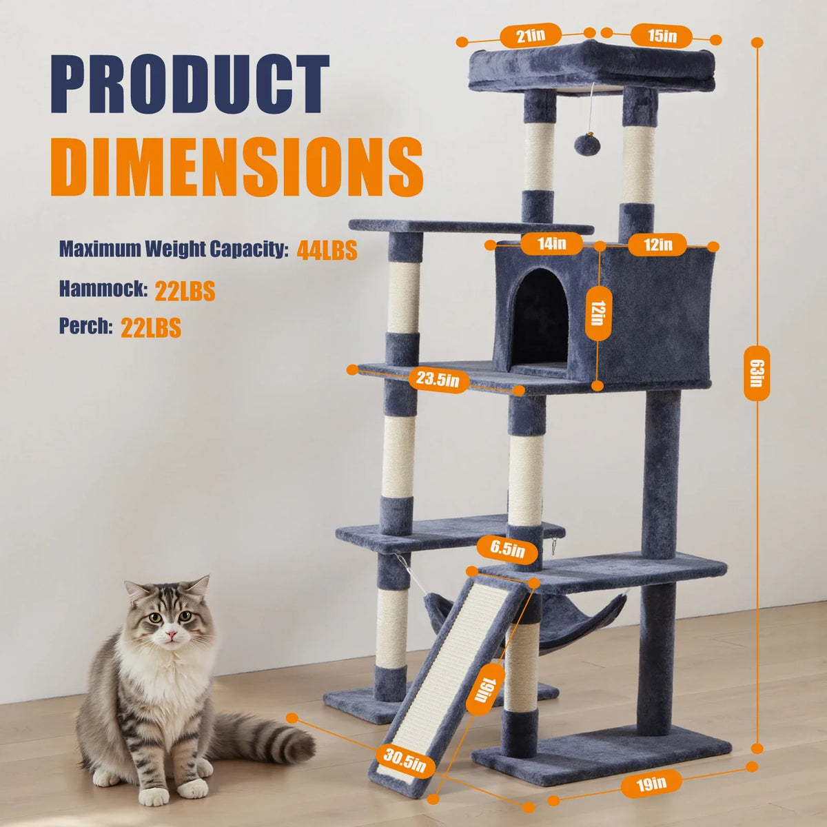 63-Inch Cat Scratching Post Tree, Multi-Level Climbing Tower with Sisal Posts, Condos, Ramp and Dangling Bell Toys - product view 5