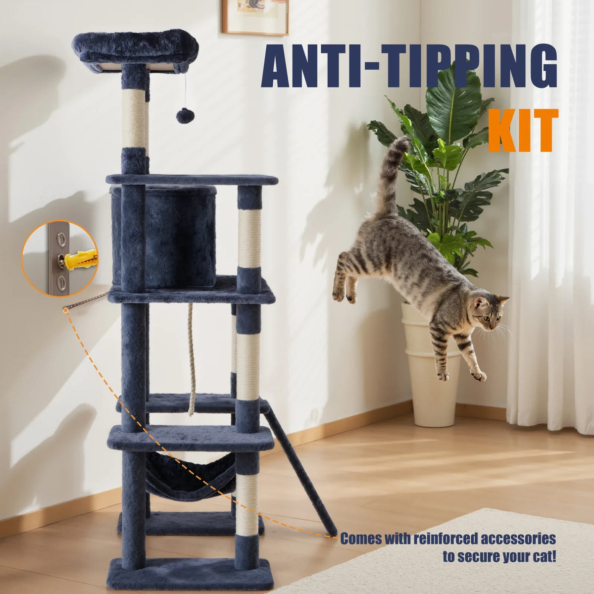 63-Inch Cat Scratching Post Tree, Multi-Level Climbing Tower with Sisal Posts, Condos, Ramp and Dangling Bell Toys - product view 6