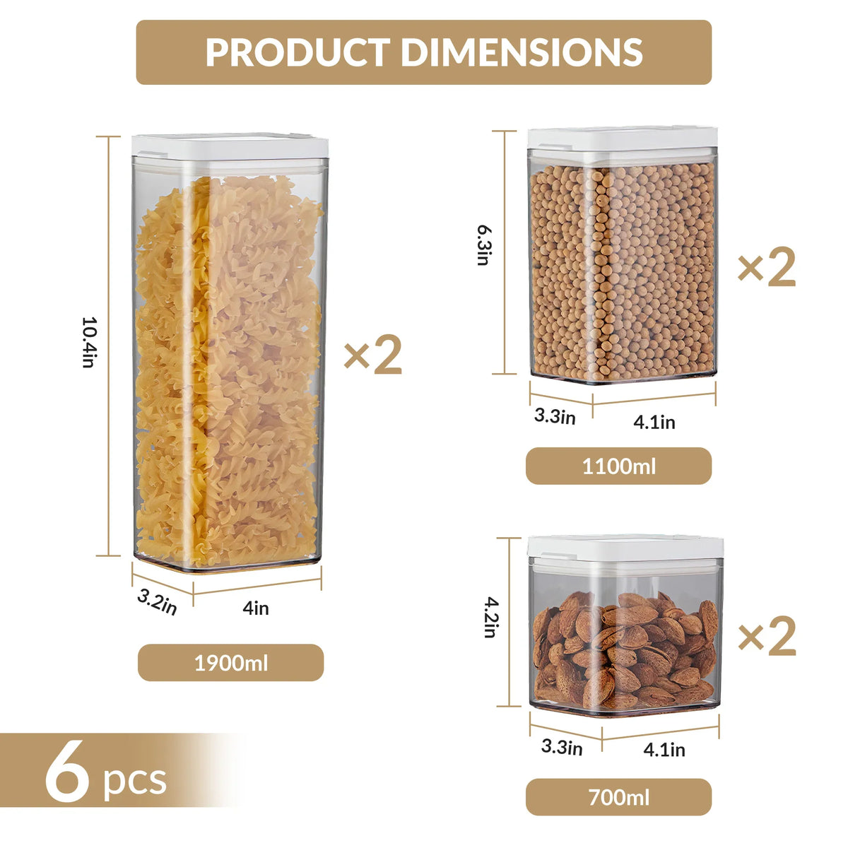 Airtight Food Storage Container Set, Flip-Lid Clear Pantry Organizer with 1900ml, 1100ml and 700ml Containers - product view 3