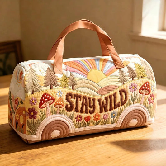 Canvas Duffel Bag, Round Travel Duffle with Retro Forest Mushroom Rainbow Design for Weekend, Gym and Camping Trips - product view 1