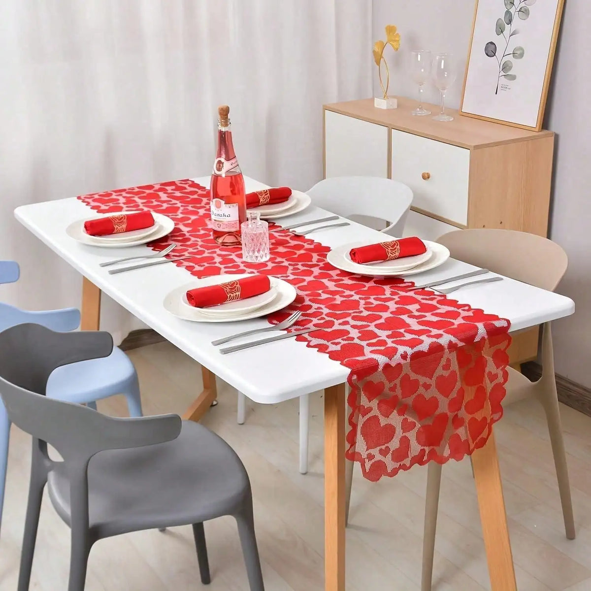 Red Heart Lace Table Runner, Printed Dining Table Decoration for Weddings, Parties and Romantic Home Kitchen Settings - product view 2