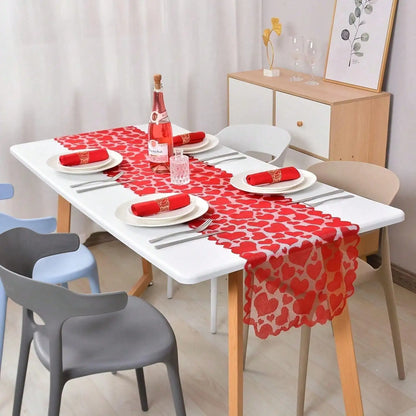 Red Heart Lace Table Runner, Printed Dining Table Decoration for Weddings, Parties and Romantic Home Kitchen Settings - product view 2