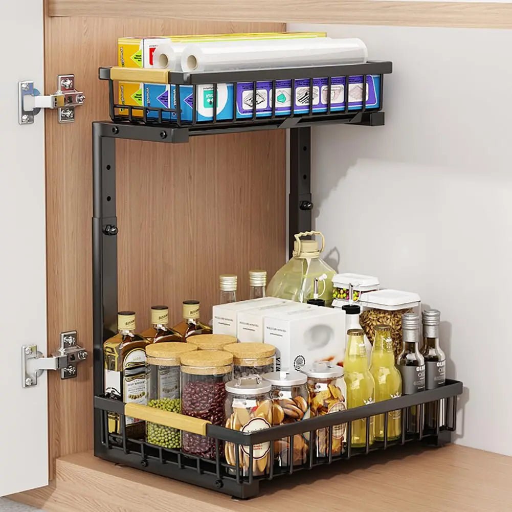 Adjustable Cabinet Shelf, 2-Tier Pull-Out Baskets, Stainless Steel, 16.5–19.2 in Height for Kitchen and Bathroom Storage - product view 2