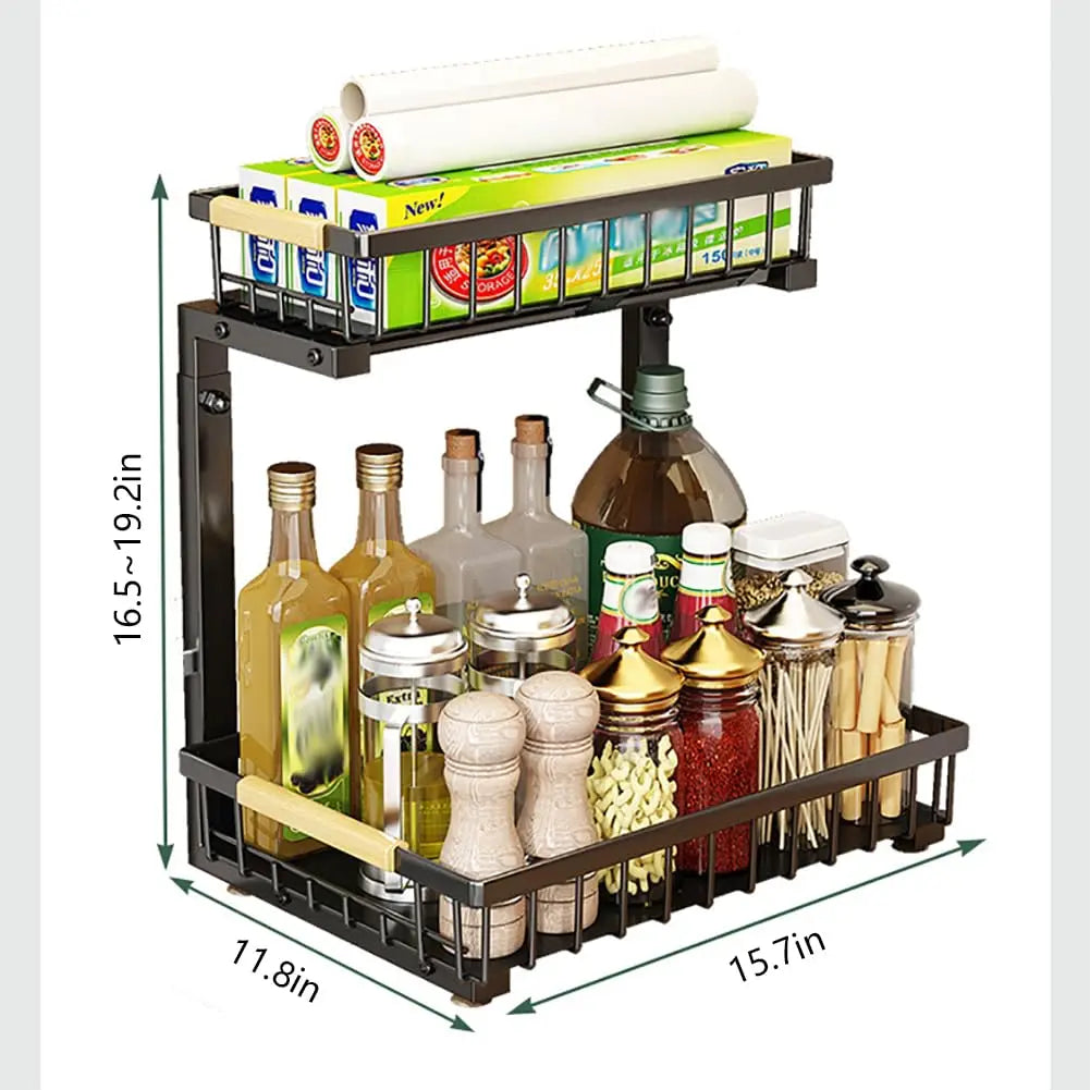 Adjustable Cabinet Shelf, 2-Tier Pull-Out Baskets, Stainless Steel, 16.5–19.2 in Height for Kitchen and Bathroom Storage - product view 3