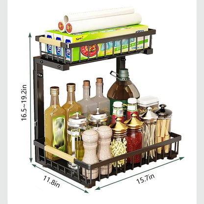 Adjustable Cabinet Shelf, 2-Tier Pull-Out Baskets, Stainless Steel, 16.5–19.2 in Height for Kitchen and Bathroom Storage - product view 3