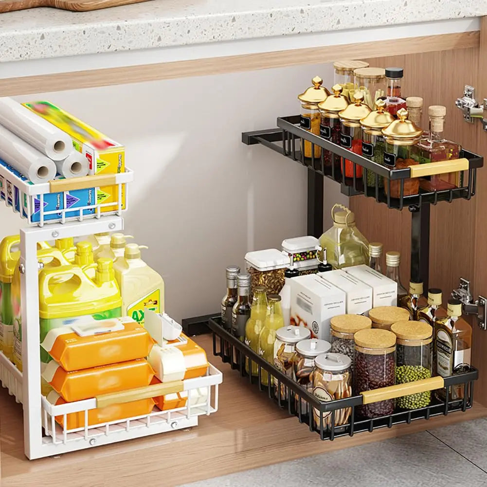 Adjustable Cabinet Shelf, 2-Tier Pull-Out Baskets, Stainless Steel, 16.5–19.2 in Height for Kitchen and Bathroom Storage - product view 5