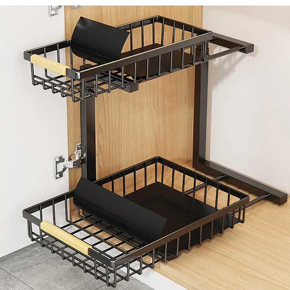 Adjustable Cabinet Shelf, 2-Tier Pull-Out Baskets, Stainless Steel, 16.5–19.2 in Height for Kitchen and Bathroom Storage - product view 6