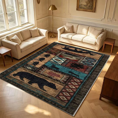 Rustic Wildlife Patchwork Striped Runner Rug, Machine-Made 100% Polyester with Rubber Backing for Hallway or Entryway - product view 1
