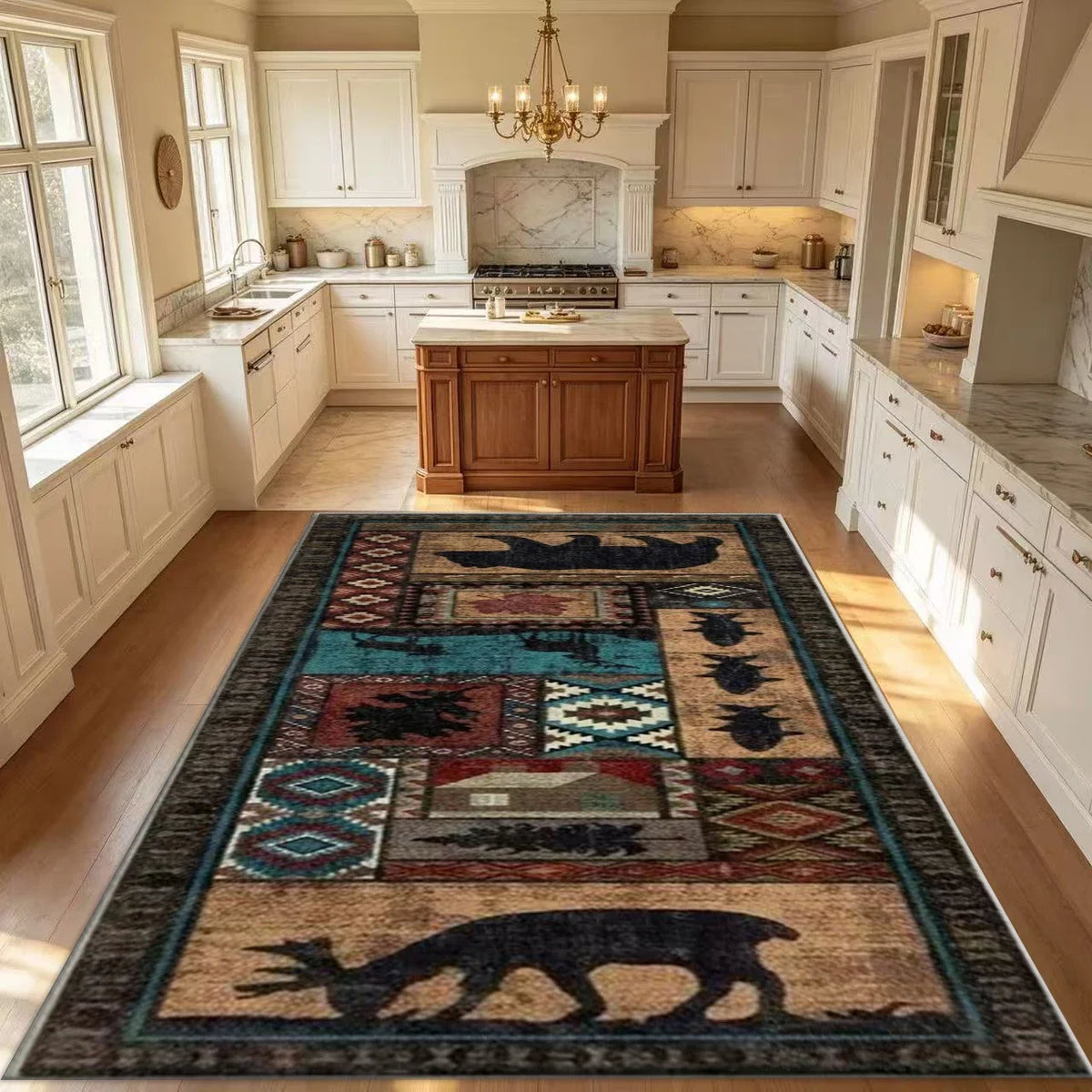 Rustic Wildlife Patchwork Striped Runner Rug, Machine-Made 100% Polyester with Rubber Backing for Hallway or Entryway - product view 2