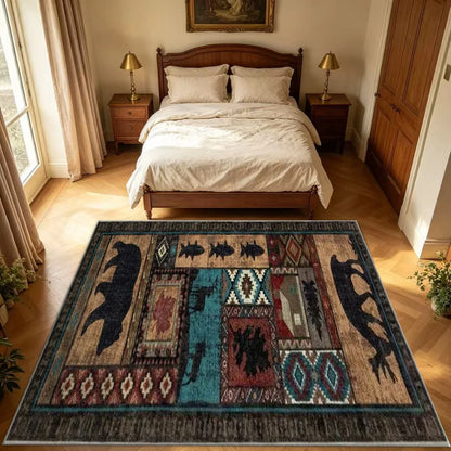 Rustic Wildlife Patchwork Striped Runner Rug, Machine-Made 100% Polyester with Rubber Backing for Hallway or Entryway - product view 3