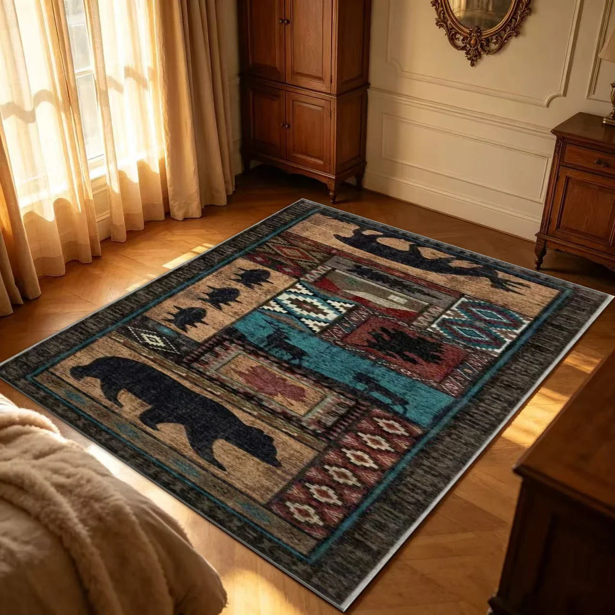 Rustic Wildlife Patchwork Striped Runner Rug, Machine-Made 100% Polyester with Rubber Backing for Hallway or Entryway - product view 4