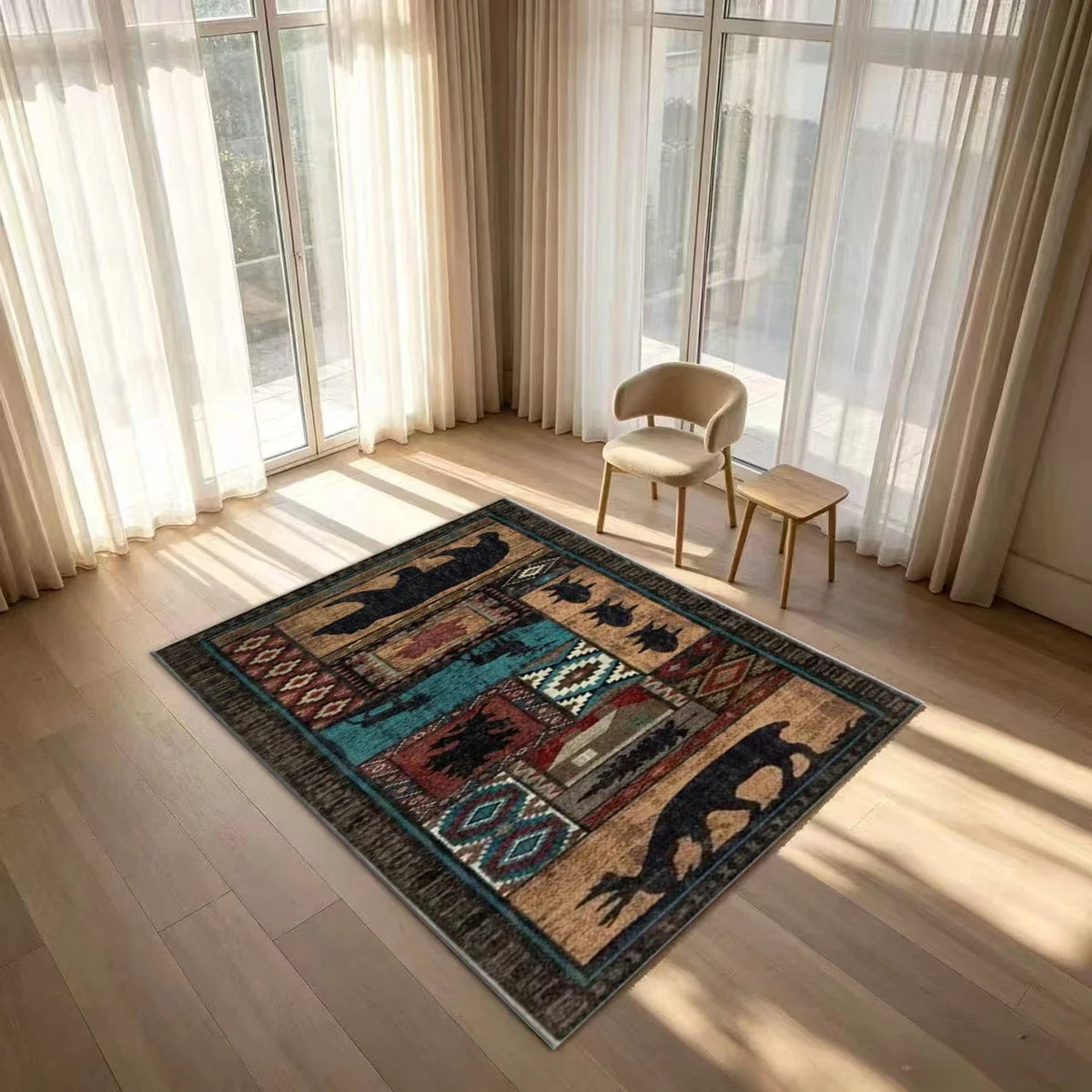 Rustic Wildlife Patchwork Striped Runner Rug, Machine-Made 100% Polyester with Rubber Backing for Hallway or Entryway - product view 5