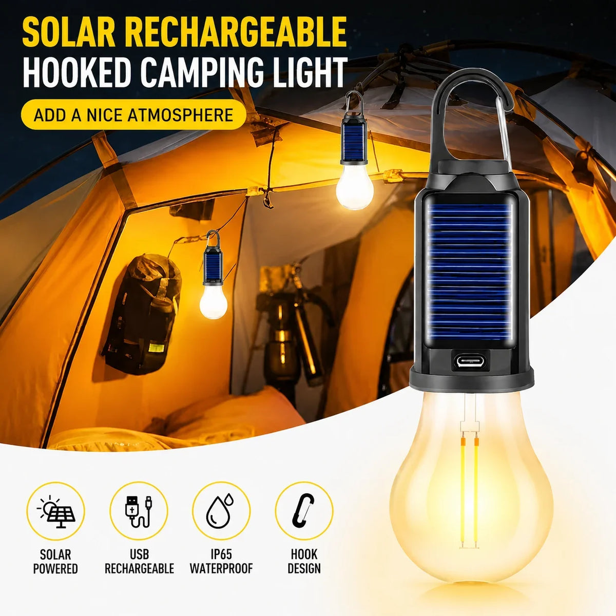 Solar Camping Lantern, Rechargeable LED Light with Hanging Hook, 3 Brightness Modes, Type-C Charging for Outdoor Use - product view 5