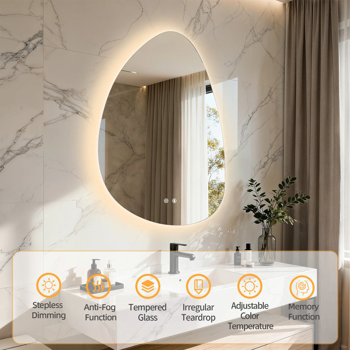 Irregular Pebble LED Bathroom Mirror, Touch Sensor, Anti-Fog, 3 Color Temperatures, IP66 Wall-Mounted Vanity Mirror - product view 4