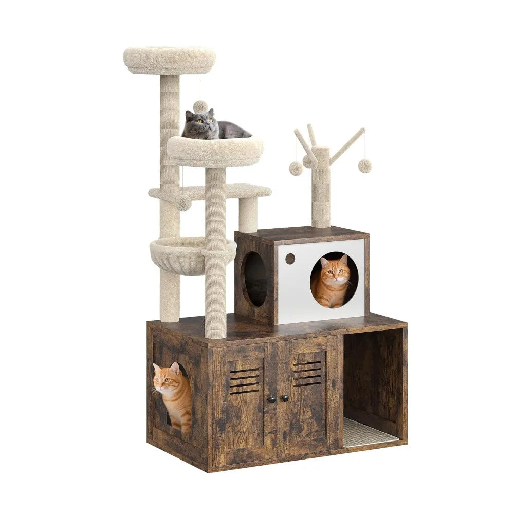 Cat Scratching Post Tower with Hidden Litter Box Enclosure, 55.1-Inch Multi-Level Condo, Hammock and Perches for Indoor Cats - product view 1