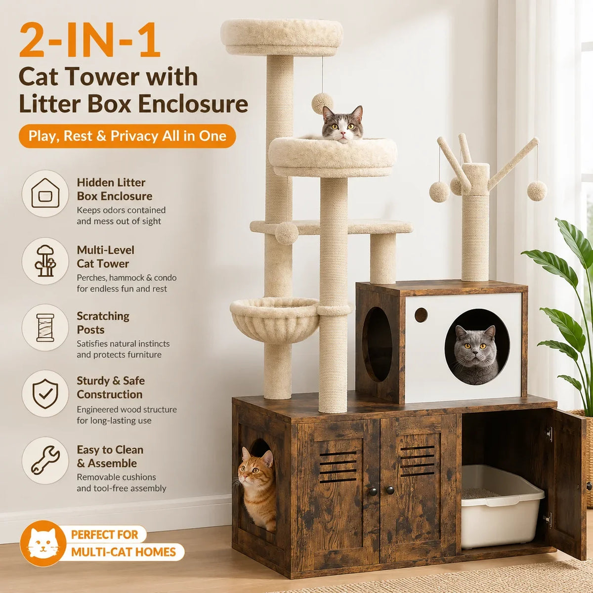 Cat Scratching Post Tower with Hidden Litter Box Enclosure, 55.1-Inch Multi-Level Condo, Hammock and Perches for Indoor Cats - product view 3