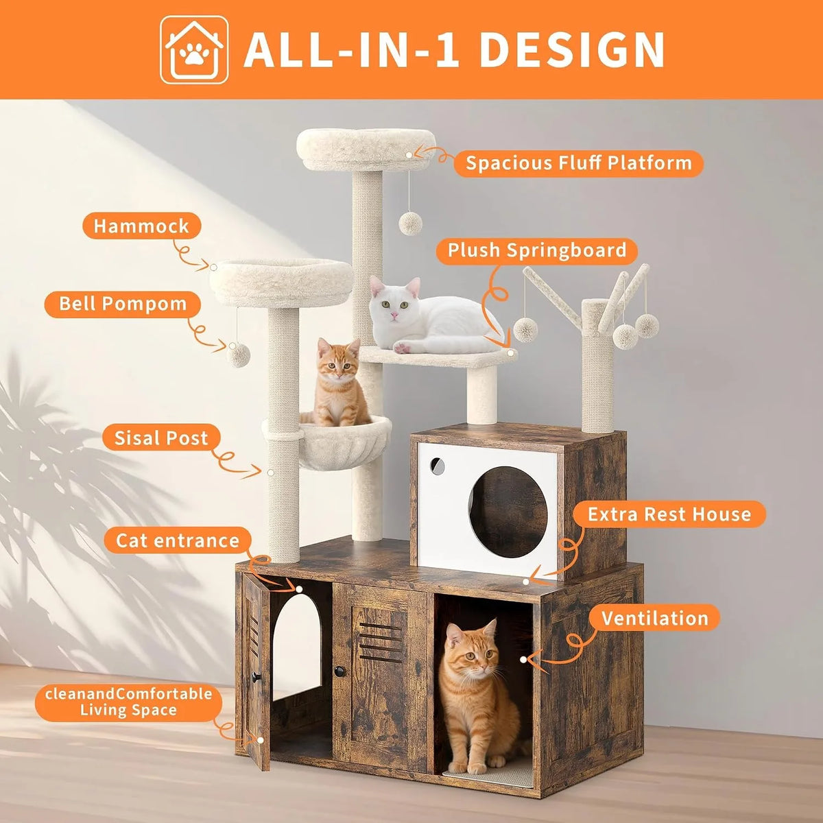 Cat Scratching Post Tower with Hidden Litter Box Enclosure, 55.1-Inch Multi-Level Condo, Hammock and Perches for Indoor Cats - product view 6