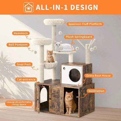 Cat Scratching Post Tower with Hidden Litter Box Enclosure, 55.1-Inch Multi-Level Condo, Hammock and Perches for Indoor Cats - product view 6
