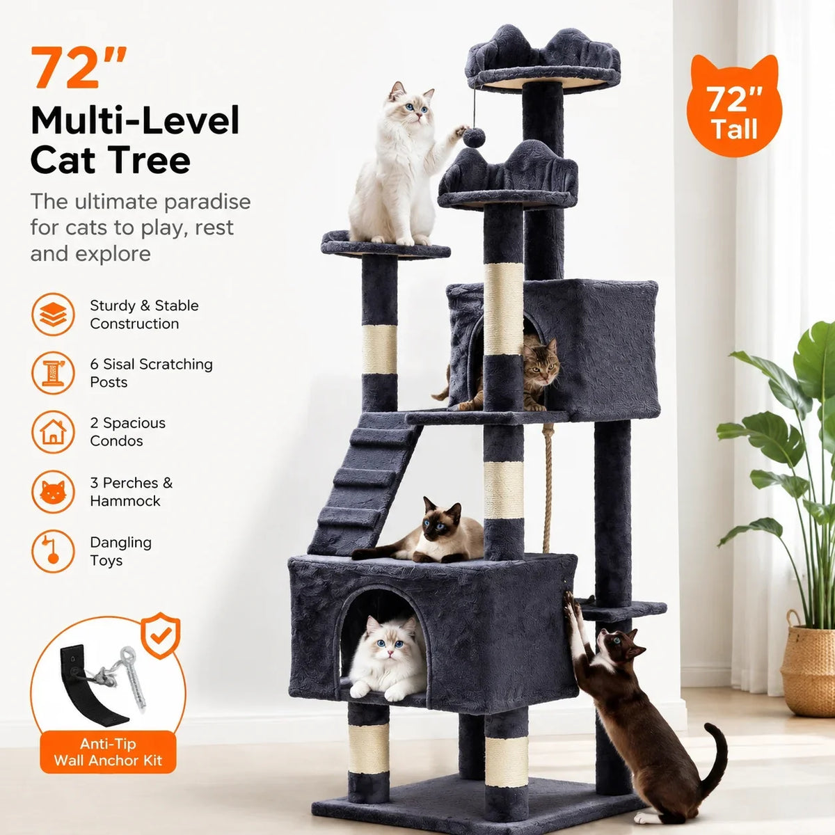 72-Inch Cat Scratching Post Tree, 6 Sisal Posts, 2 Condos, 3 Perches, Hammock, Tunnel and Anti-Tip Kit - product view 2