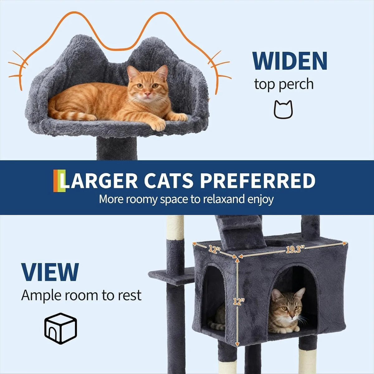 72-Inch Cat Scratching Post Tree, 6 Sisal Posts, 2 Condos, 3 Perches, Hammock, Tunnel and Anti-Tip Kit - product view 3