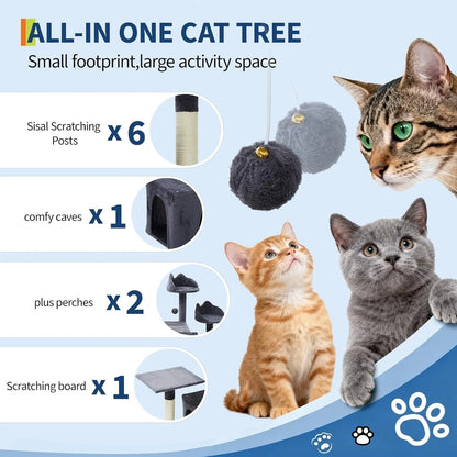 72-Inch Cat Scratching Post Tree, 6 Sisal Posts, 2 Condos, 3 Perches, Hammock, Tunnel and Anti-Tip Kit - product view 6