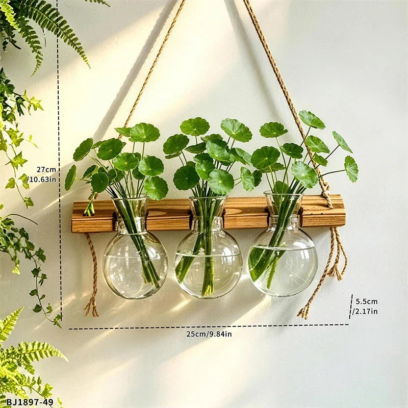 Wall-Mounted Hydroponic Vase, Boho Rope Hanging Wood and ABS Bulb Planter for Pothos, Lucky Bamboo and Flowers - product view 1