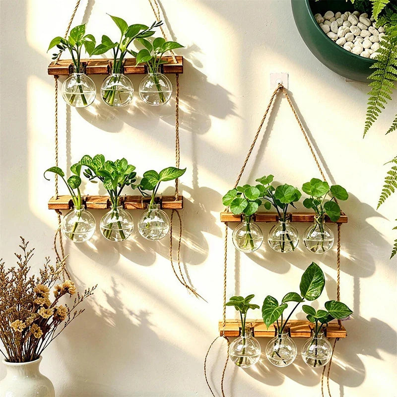 Wall-Mounted Hydroponic Vase, Boho Rope Hanging Wood and ABS Bulb Planter for Pothos, Lucky Bamboo and Flowers - product view 3