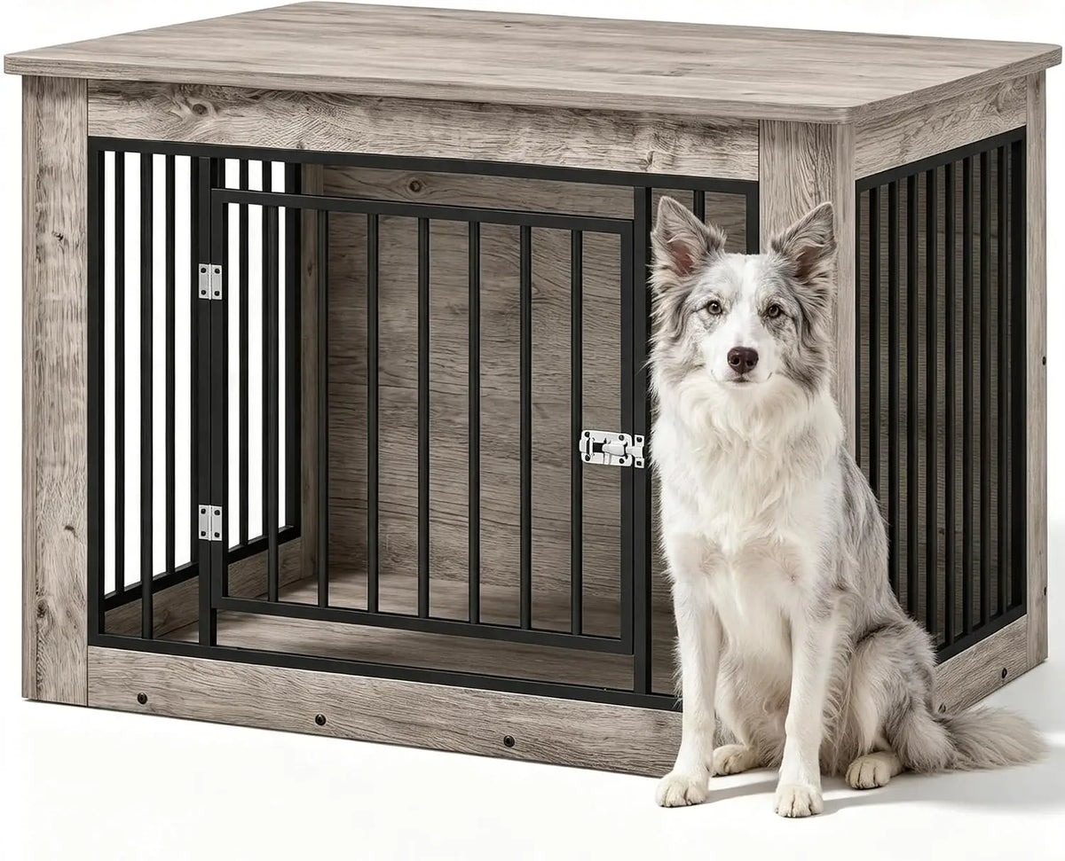 Dog Crate End Table, Chew-Resistant Wood and Metal Kennel, Double Doors, Adjustable Legs, 38.2 x 24 x 26.8 in for Medium Dogs - product view 2