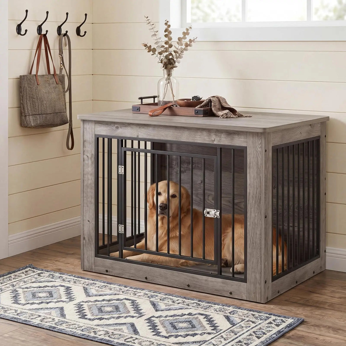 Dog Crate End Table, Chew-Resistant Wood and Metal Kennel, Double Doors, Adjustable Legs, 38.2 x 24 x 26.8 in for Medium Dogs - product view 3