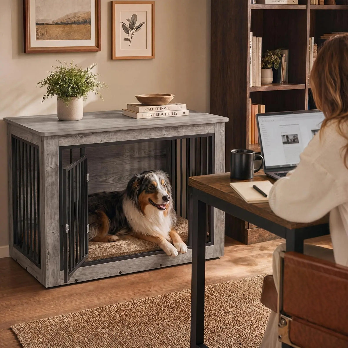 Dog Crate End Table, Chew-Resistant Wood and Metal Kennel, Double Doors, Adjustable Legs, 38.2 x 24 x 26.8 in for Medium Dogs - product view 5