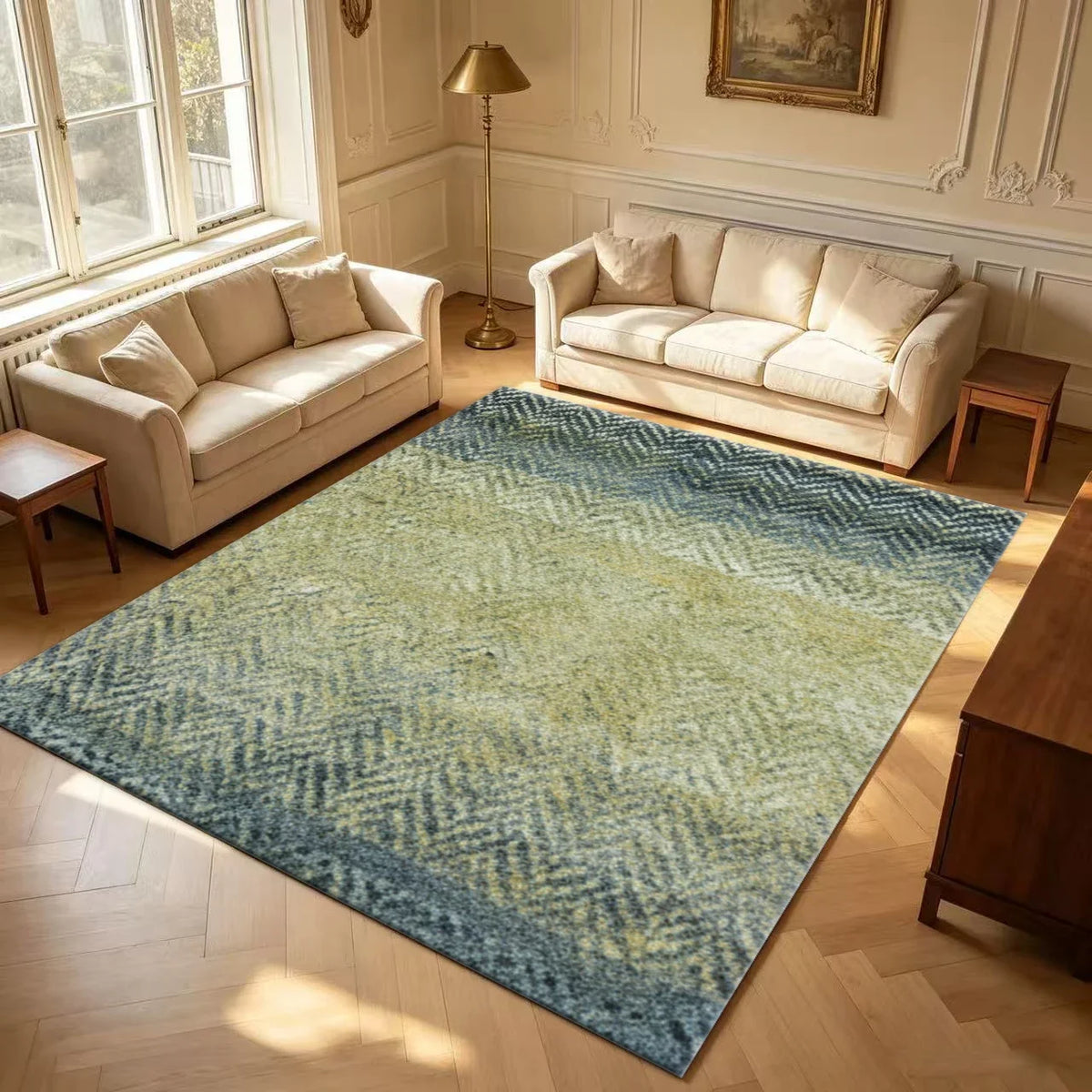 Neutral Striped Area Rug, Classic Machine-Made Polyester Carpet with Rubber Backing for Living Room and Bedroom Décor - product view 1