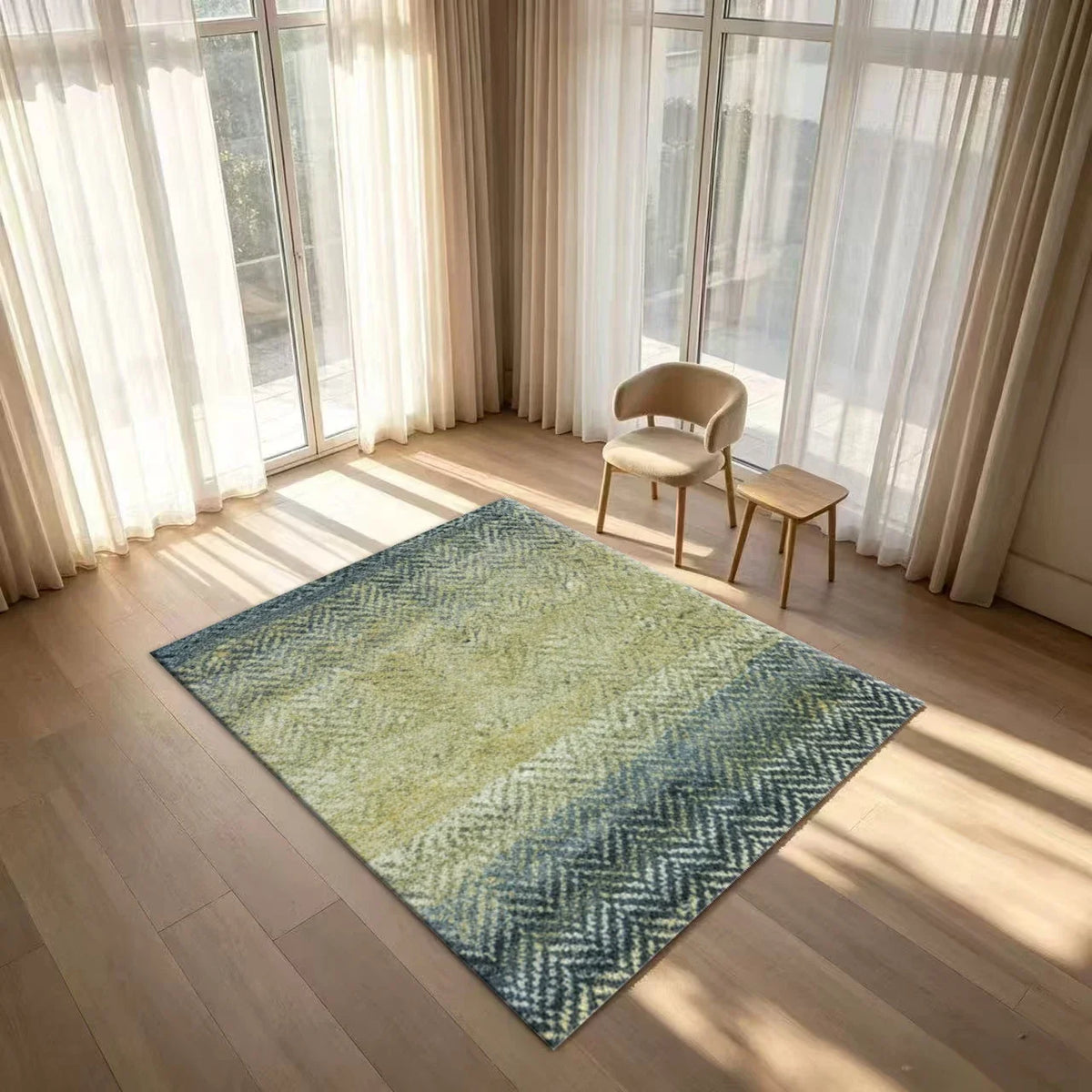 Neutral Striped Area Rug, Classic Machine-Made Polyester Carpet with Rubber Backing for Living Room and Bedroom Décor - product view 5