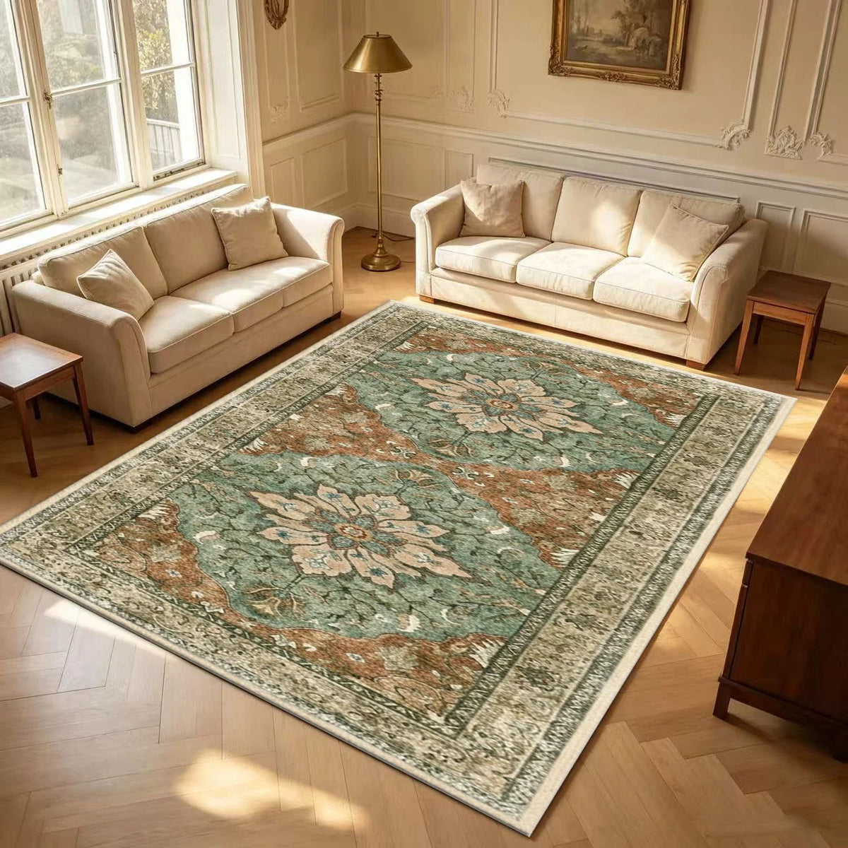 Vintage Oriental Runner Rug, Striped Floral Medallion Design, Machine-Made Polyester Carpet with Rubber Backing - product view 1