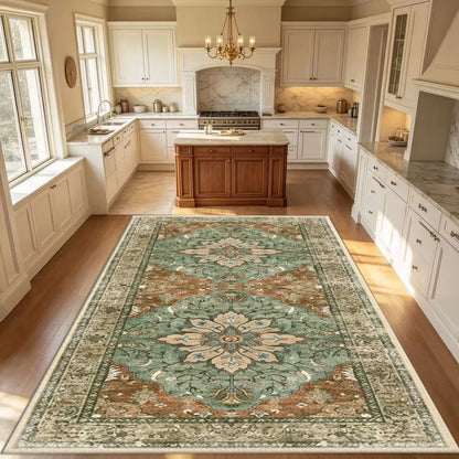 Vintage Oriental Runner Rug, Striped Floral Medallion Design, Machine-Made Polyester Carpet with Rubber Backing - product view 2
