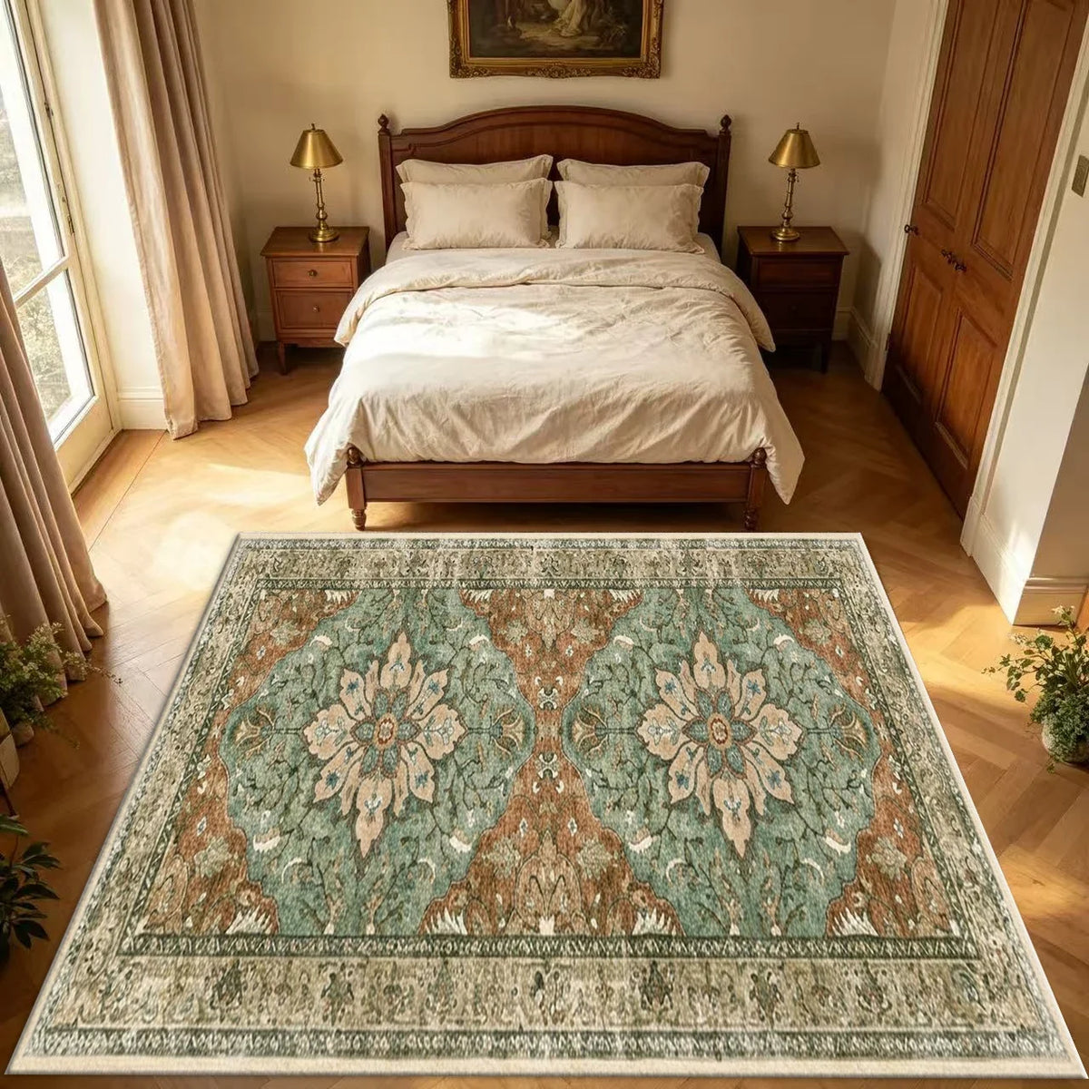Vintage Oriental Runner Rug, Striped Floral Medallion Design, Machine-Made Polyester Carpet with Rubber Backing - product view 3