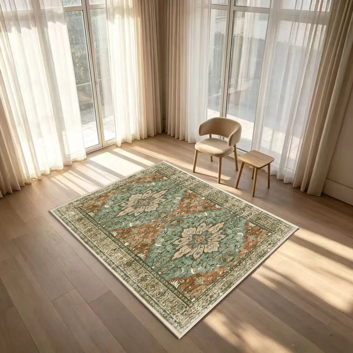 Vintage Oriental Runner Rug, Striped Floral Medallion Design, Machine-Made Polyester Carpet with Rubber Backing - product view 5