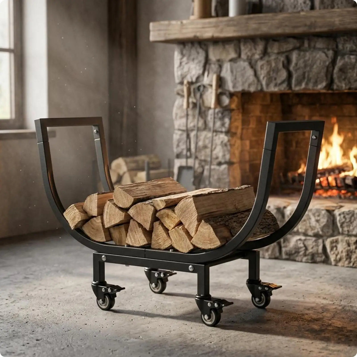 Movable Firewood Rack, Carbon Steel Log Holder with Fixed Feet or Wheels for Fireplace, Home and Patio Storage - product view 4