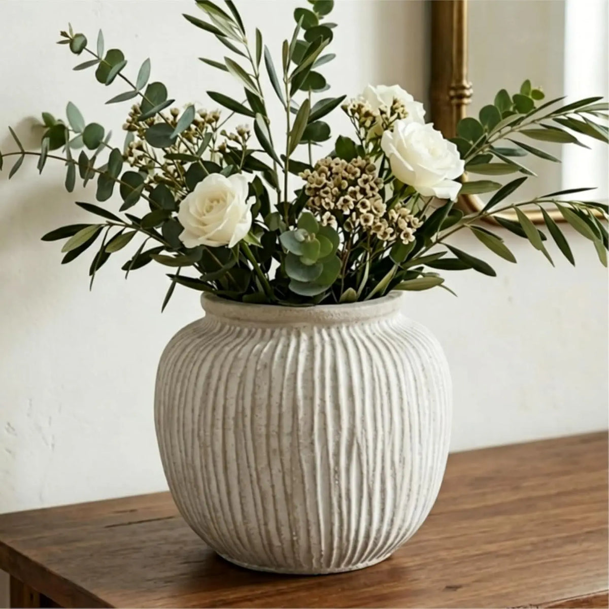 Rustic Round Floor Vase, 9-Inch Distressed Porcelain Accent for Flowers, Greenery and Farmhouse Indoor Outdoor Décor - product view 4