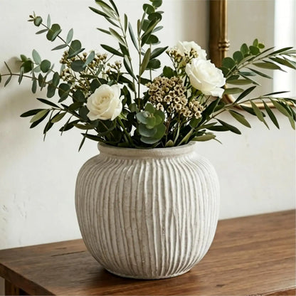 Rustic Round Floor Vase, 9-Inch Distressed Porcelain Accent for Flowers, Greenery and Farmhouse Indoor Outdoor Décor - product view 4