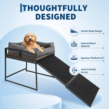Elevated Dog Bed Ramp, 22 x 24.8 Inch Platform, Non-Slip Access, Bolster Cushion and Metal Frame for Small to Medium Dogs - product view 5