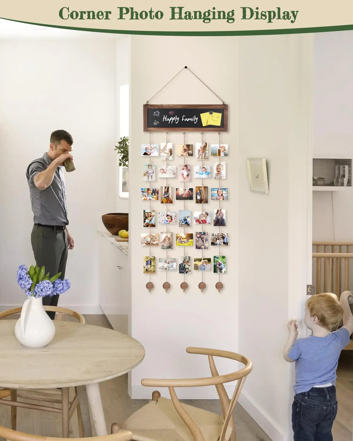 Multi-Opening Collage Frame with Chalkboard, 30 Clips, 5 Hemp Ropes, 3 Magnets and Warm LED Fairy Lights - product view 5