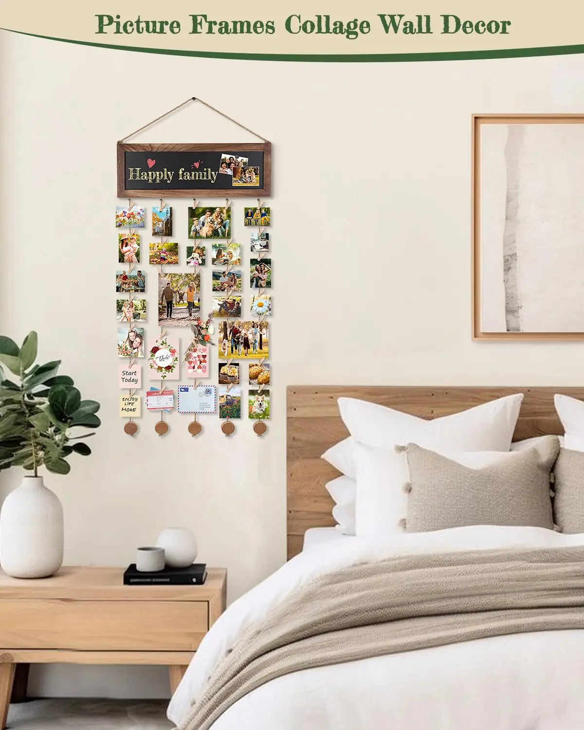 Multi-Opening Collage Frame with Chalkboard, 30 Clips, 5 Hemp Ropes, 3 Magnets and Warm LED Fairy Lights - product view 6